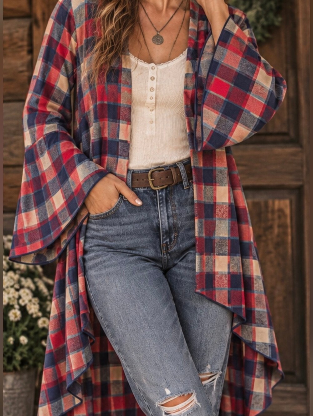 L&B Lucky & Blessed Plaid Granola Girl Cardigan Duster Small Cottagecore Cabin